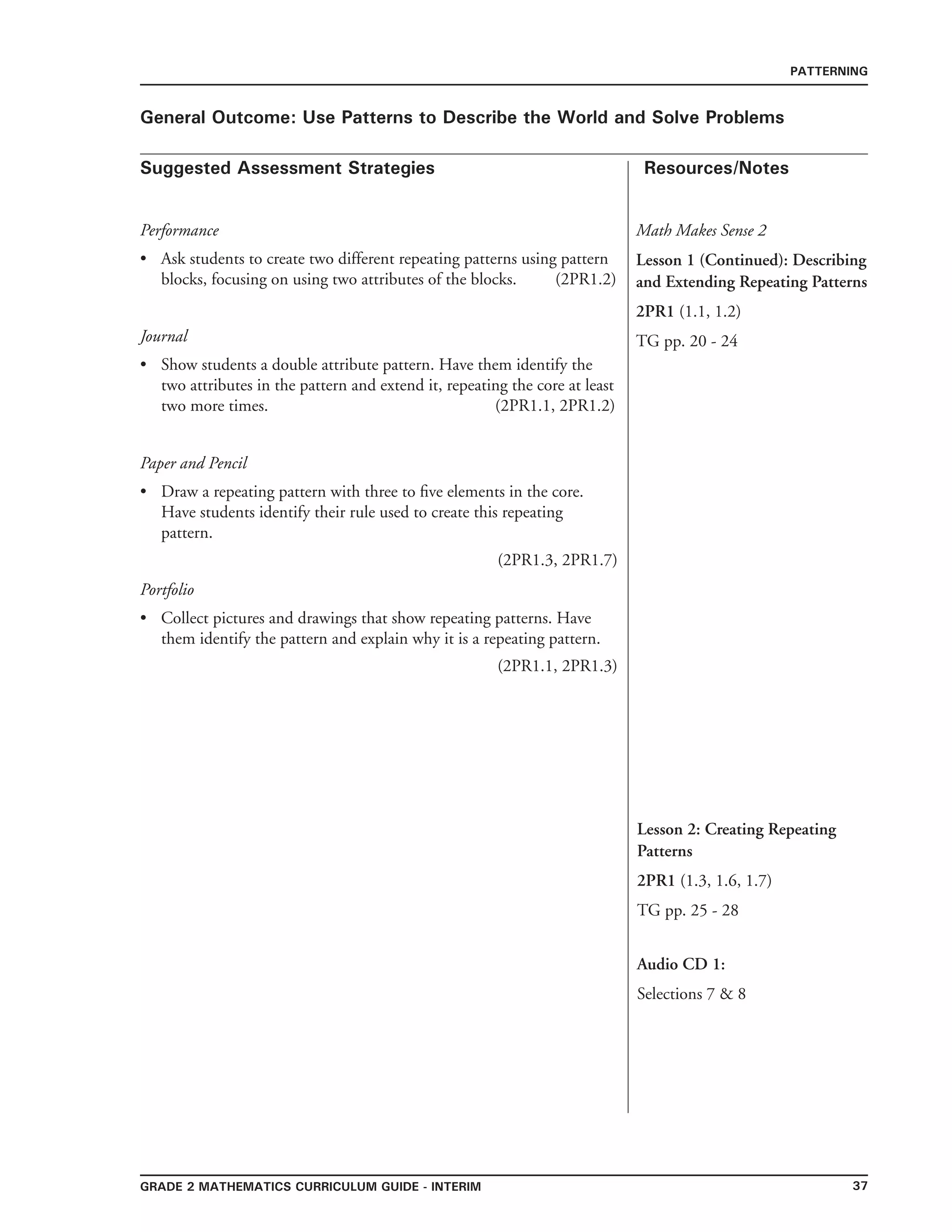 37grade 2 mathematics Curriculum Guide - interim
Suggested Assessment Strategies Resources/Notes
PATTERNING
General Outcome: Use Patterns to Describe the World and Solve Problems
Performance
Ask students to create two different repeating patterns using pattern
blocks, focusing on using two attributes of the blocks. (2PR1.2)
Journal
Show students a double attribute pattern. Have them identify the
two attributes in the pattern and extend it, repeating the core at least
two more times. (2PR1.1, 2PR1.2)
•
•
Math Makes Sense 2
Lesson 1 (Continued): Describing
and Extending Repeating Patterns
2PR1 (1.1, 1.2)
TG pp. 20 - 24
Lesson 2: Creating Repeating
Patterns
2PR1 (1.3, 1.6, 1.7)
TG pp. 25 - 28
Audio CD 1:
Selections 7  8
Paper and Pencil
Draw a repeating pattern with three to five elements in the core.
Have students identify their rule used to create this repeating
pattern.
(2PR1.3, 2PR1.7)
Portfolio
Collect pictures and drawings that show repeating patterns. Have
them identify the pattern and explain why it is a repeating pattern.
						 (2PR1.1, 2PR1.3)
			
•
•
 