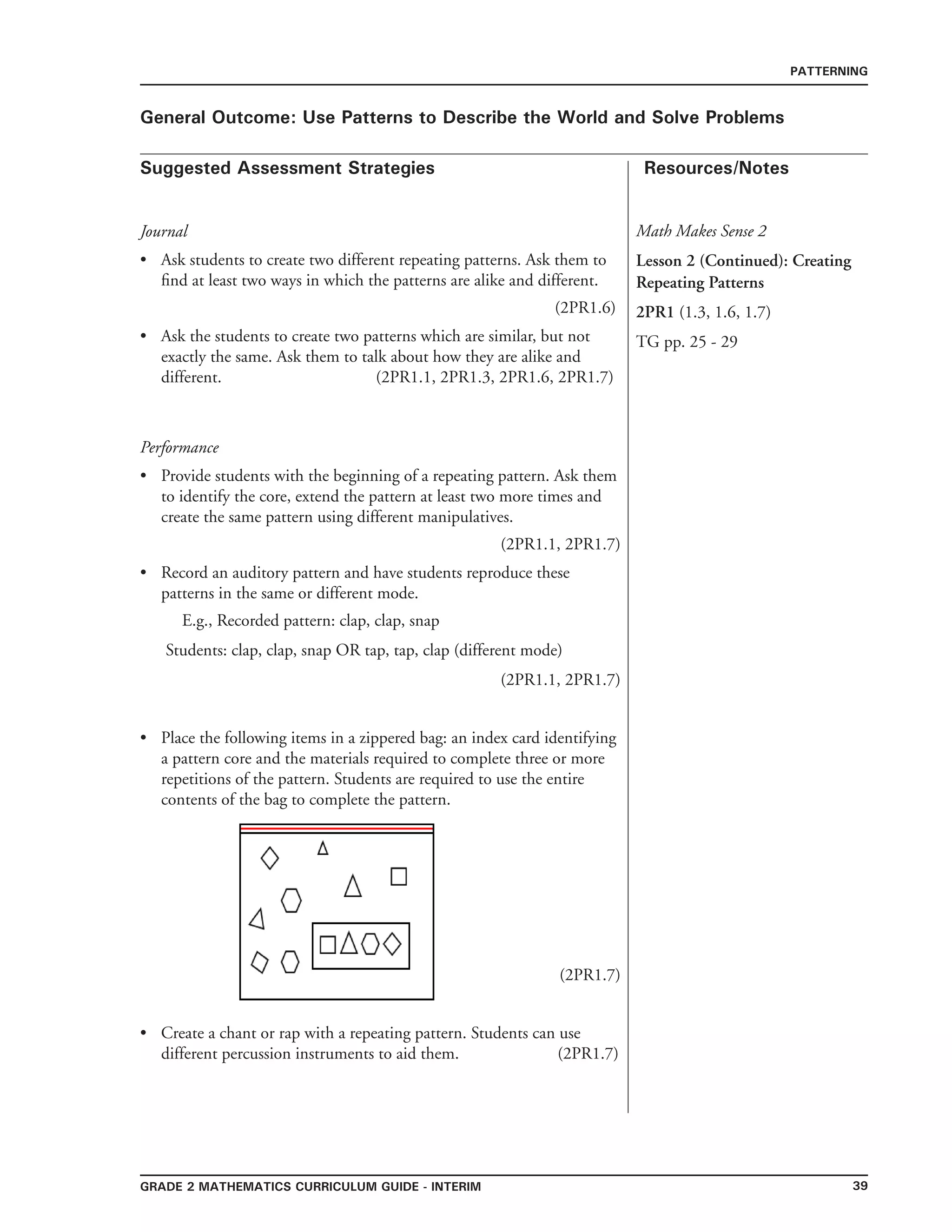 39grade 2 mathematics Curriculum Guide - interim
Suggested Assessment Strategies Resources/Notes
PATTERNING
General Outcome: Use Patterns to Describe the World and Solve Problems
Journal
Ask students to create two different repeating patterns. Ask them to
find at least two ways in which the patterns are alike and different.
(2PR1.6)
Ask the students to create two patterns which are similar, but not
exactly the same. Ask them to talk about how they are alike and
different. (2PR1.1, 2PR1.3, 2PR1.6, 2PR1.7)
•
•
Math Makes Sense 2
Lesson 2 (Continued): Creating
Repeating Patterns
2PR1 (1.3, 1.6, 1.7)
TG pp. 25 - 29
Performance
Provide students with the beginning of a repeating pattern. Ask them
to identify the core, extend the pattern at least two more times and
create the same pattern using different manipulatives.
(2PR1.1, 2PR1.7)
Record an auditory pattern and have students reproduce these
patterns in the same or different mode.
E.g., Recorded pattern: clap, clap, snap
Students: clap, clap, snap OR tap, tap, clap (different mode)
(2PR1.1, 2PR1.7)
Place the following items in a zippered bag: an index card identifying
a pattern core and the materials required to complete three or more
repetitions of the pattern. Students are required to use the entire
contents of the bag to complete the pattern.
(2PR1.7)
Create a chant or rap with a repeating pattern. Students can use
different percussion instruments to aid them. (2PR1.7)
•
•
•
•
 