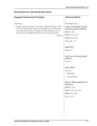 111Grade 2 mathematics Curriculum Guide - interim
Suggested Assessment Strategies Resources/Notes
ADDITION AND SUBTRACTION TO 18
General Outcome: Develop Number Sense
Performance:
Prepare a die by covering one side with a label and marking it with
“0”. Have students play a game involving rolling a die to determine
how many spaces to move. Change one of the numbers to a 0, so
that when zero is rolled they will have to stay in the same space.
						 (2N8.1)
•
Lesson 2: Relating Addition and
Subtraction
2N8 (8.1, 8.2)
2N9 (9.1, 9.2, 9.5, 9.9)
2N10 (10.2, 10.3)
TG p. 24 - 27
Math Makes Sense 2
Lesson 1 (Continued): Creating
and Solving Number Problems
2N8 (8.1, 8.2)
2N9 (9.1, 9.2, 9.9)
2N10 (10.2, 10.3)
TG pp. 20 - 23
Audio CD 2:
Selection 9
Unit Centres: Creating Number
Problems
TG p. 17
Activity Bank:
TG p. 29
Storyteller
Cross the River
 