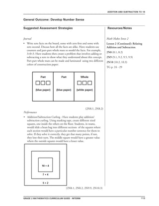 113Grade 2 mathematics Curriculum Guide - interim
Suggested Assessment Strategies Resources/Notes
ADDITION AND SUBTRACTION TO 18
General Outcome: Develop Number Sense
Journal
Write zero facts on the board, some with zero first and some with
zero second. Discuss how all the facts are alike. Have students use
counters and part-part whole mats to model the facts. For example,
3+0=3. Have students then create a problem that involves adding or
subtracting a zero to show what they understand about this concept.
Part-part whole mats can be made and laminated using two different
colors of construction paper:
(2N8.1, 2N8.2)
•
Math Makes Sense 2
Lesson 2 (Continued): Relating
Addition and Subtraction
2N8 (8.1, 8.2)
2N9 (9.1, 9.2, 9.5, 9.9)
2N10 (10.2, 10.3)
TG p. 24 - 29
Performance
Addition/Subtraction Curling - Have students play addition/
subtraction curling. Using masking tape, create different sized
squares, one inside the others on the floor. Students, in teams,
would slide a bean bag into different sections of the squares where
each section would have a particular number sentence for them to
solve. If they solve it correctly, they get that many points, if not,
they lose their turn. The middle square would have a greater value
where the outside squares would have a lesser value.
•
(2N8.1, 2N8.2, 2N9.9, 2N10.3)
 