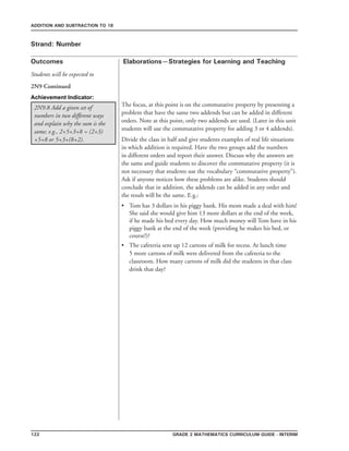 122 Grade 2 mathematics Curriculum Guide - interim
Outcomes
ADDITION AND SUBTRACTION TO 18
Elaborations—Strategies for Learning and Teaching
Students will be expected to
Strand: Number
2N9 Continued
The focus, at this point is on the commutative property by presenting a
problem that have the same two addends but can be added in different
orders. Note at this point, only two addends are used. (Later in this unit
students will use the commutative property for adding 3 or 4 addends).
Divide the class in half and give students examples of real life situations
in which addition is required. Have the two groups add the numbers
in different orders and report their answer. Discuss why the answers are
the same and guide students to discover the commutative property (it is
not necessary that students use the vocabulary “commutative property”).
Ask if anyone notices how these problems are alike. Students should
conclude that in addition, the addends can be added in any order and
the result will be the same. E.g.:
Tom has 3 dollars in his piggy bank. His mom made a deal with him!
She said she would give him 13 more dollars at the end of the week,
if he made his bed every day. How much money will Tom have in his
piggy bank at the end of the week (providing he makes his bed, or
course!)?
The cafeteria sent up 12 cartons of milk for recess. At lunch time
5 more cartons of milk were delivered from the cafeteria to the
classroom. How many cartons of milk did the students in that class
drink that day?
•
•
2N9.8 Add a given set of
numbers in two different ways
and explain why the sum is the
same; e.g., 2+5+3+8 = (2+3)
+5+8 or 5+3+(8+2).
Achievement Indicator:
 