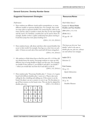 145Grade 2 mathematics Curriculum Guide - interim
Suggested Assessment Strategies Resources/Notes
ADDITION AND SUBTRACTION TO 18
General Outcome: Develop Number Sense
Performance
Have students use different visuals and/or manipulatives, to create
different models to represent double facts. For example, they could
use snap cubes to represent double 5 by connecting five cubes in one
tower and five cubes in another to show that they are the same height
and the total is 10. Similarly, a number line can be used to show, for
example, double 4 where a spider could jump four places starting at
0 and then jump four more places landing on 8.
(2N9.1, 9.5, 9.9, 2N10.1)
Have students locate, talk about and draw other natural doubles that
occur in their world. For example, four legs on a chair (two on each
side), 13 letters on each side of the word wall (26 letters altogether).
(2N9.1, 9.9, 2N10.1)
Ask students to think about how to find the sum of 8 + 6 if they did
not already know the answer. Encourage students to come up with
different ways of using doubles to figure out this sum. (For example,
use double 8 then subtract 2, use double 6 and add 2, use double 7
– where you would take one from the 8 and add it to the 6).
(2N9.1, 9.9, 2N10.1)
Have students play “Practicing Doubles plus 1”. Create a 4 x 4 game
board with different doubles plus 1 sums on it. Players take turns
rolling the dice, doubling and adding one. If the answer is on the
board, the player can use a counter to cover it up. The first player to
get all four counters on the board, wins. This can also be adapted for
doubles plus two. (2N9.1, 9.9, 2N10.1)
•
•
•
•
Math Makes Sense 2
Lesson 12: Mental Math:
Doubles and Near Doubles
2N9 (2N9.1, 9.5, 9.9)
2N10 (10.1)	
TG pp. 66 - 69
This lesson uses the term “near
doubles” which is the same as
doubles plus one, plus two, subtract
one and subtract two strategies.
Audio CD 2:
Selection 12
Unit Centres:
TG p. 17)
Quick Subtraction
Activity Bank:
TG p. 76
Doubles Monster
 