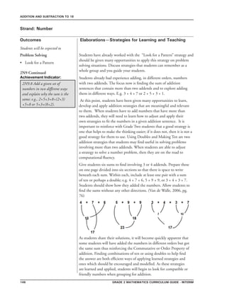 146 Grade 2 mathematics Curriculum Guide - interim
Outcomes
ADDITION AND SUBTRACTION TO 18
Elaborations—Strategies for Learning and Teaching
Students will be expected to
Strand: Number
2N9 Continued
Students already had experience adding, in different orders, numbers
with two addends. The focus now is finding the sum of addition
sentences that contain more than two addends and to explore adding
them in different ways. E.g. 3 + 4 + 7 or 2 + 5 + 3 + 1.
At this point, students have been given many opportunities to learn,
develop and apply addition strategies that are meaningful and relevant
to them. When students have to add numbers that have more than
two addends, they will need to learn how to adjust and apply their
own strategies to fit the numbers in a given addition sentence. It is
important to reinforce with Grade Two students that a good strategy is
one that helps to make the thinking easier; if it does not, then it is not a
good strategy for them to use. Using Doubles and Making Ten are two
addition strategies that students may find useful in solving problems
involving more than two addends. When students are able to adjust
a strategy to solve a number problem, then they are on the road to
computational fluency.
Give students six sums to find involving 3 or 4 addends. Prepare these
on one page divided into six sections so that there is space to write
beneath each sum. Within each, include at least one pair with a sum
of ten or perhaps a double; e.g. 4 + 7 + 6, 5 + 9 + 9, or 3 + 4 + 3 + 7.
Students should show how they added the numbers. Allow students to
find the sums without any other directions. (Van de Walle, 2006, pg.
76)
As students share their solutions, it will become quickly apparent that
some students will have added the numbers in different orders but got
the same sum thus reinforcing the Commutative or Order Property of
addition. Finding combinations of ten or using doubles to help find
the answer are both efficient ways of applying learned strategies and
ones which should be encouraged and modelled. As these strategies
are learned and applied, students will begin to look for compatible or
friendly numbers when grouping for addition.
2N9.8 Add a given set of
numbers in two different ways
and explain why the sum is the
same; e.g., 2+5+3+8=(2+3)
+5+8 or 5+3+(8+2).
Achievement Indicator:
Problem Solving
Look for a Pattern•
Students have already worked with the “Look for a Pattern” strategy and
should be given many opportunities to apply this strategy on problem
solving situations. Discuss strategies that students can remember as a
whole group and you guide your students.
 
