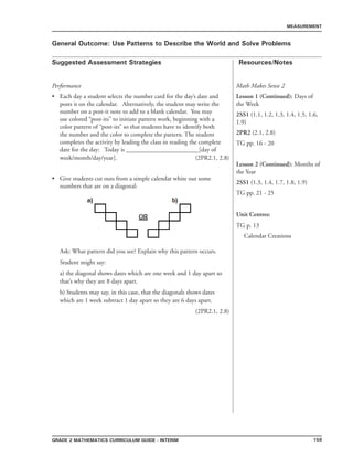 159Grade 2 mathematics Curriculum Guide - INTERIM
Suggested Assessment Strategies Resources/Notes
MEASUREMENT
General Outcome: Use Patterns to Describe the World and Solve Problems
Performance
Each day a student selects the number card for the day’s date and
posts it on the calendar. Alternatively, the student may write the
number on a post-it note to add to a blank calendar. You may
use colored “post-its” to initiate pattern work, beginning with a
color pattern of “post-its” so that students have to identify both
the number and the color to complete the pattern. The student
completes the activity by leading the class in reading the complete
date for the day: Today is _______________________[day of
week/month/day/year]. 		 (2PR2.1, 2.8)
Give students cut outs from a simple calendar white out some
numbers that are on a diagonal:
Ask: What pattern did you see? Explain why this pattern occurs.
Student might say:
a) the diagonal shows dates which are one week and 1 day apart so
that’s why they are 8 days apart.
b) Students may say, in this case, that the diagonals shows dates
which are 1 week subtract 1 day apart so they are 6 days apart.
(2PR2.1, 2.8)
•
•
Math Makes Sense 2
Lesson 1 (Continued): Days of
the Week
2SS1 (1.1, 1.2, 1.3, 1.4, 1.5, 1.6,
1.9)
2PR2 (2.1, 2.8)
TG pp. 16 - 20
Lesson 2 (Continued): Months of
the Year
2SS1 (1.3, 1.4, 1.7, 1.8, 1.9)
TG pp. 21 - 25
Unit Centres:
TG p. 13
Calendar Creations
 