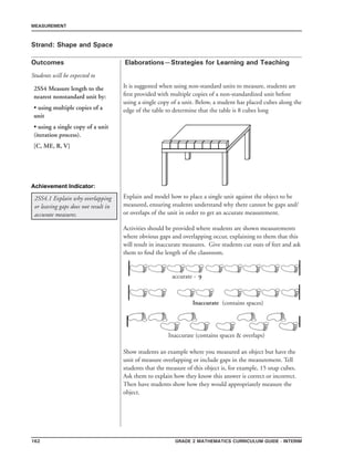 162 Grade 2 mathematics Curriculum Guide - INTERIM
Outcomes
MEASUREMENT
Elaborations—Strategies for Learning and Teaching
Students will be expected to
Strand: Shape and Space
2SS4 Measure length to the
nearest nonstandard unit by:
• using multiple copies of a
unit
• using a single copy of a unit
(iteration process).
[C, ME, R, V]
2SS4.1 Explain why overlapping
or leaving gaps does not result in
accurate measures.
Activities should be provided where students are shown measurements
where obvious gaps and overlapping occur, explaining to them that this
will result in inaccurate measures. Give students cut outs of feet and ask
them to find the length of the classroom.
Show students an example where you measured an object but have the
unit of measure overlapping or include gaps in the measurement. Tell
students that the measure of this object is, for example, 15 snap cubes.
Ask them to explain how they know this answer is correct or incorrect.
Then have students show how they would appropriately measure the
object.
It is suggested when using non-standard units to measure, students are
first provided with multiple copies of a non-standardized unit before
using a single copy of a unit. Below, a student has placed cubes along the
edge of the table to determine that the table is 8 cubes long
Explain and model how to place a single unit against the object to be
measured, ensuring students understand why there cannot be gaps and/
or overlaps of the unit in order to get an accurate measurement.
Achievement Indicator:
9
Inaccurate
accurate -
(contains spaces)
Inaccurate (contains spaces  overlaps)
 