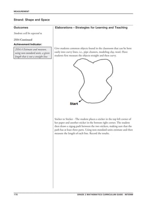 170 Grade 2 mathematics Curriculum Guide - INTERIM
Outcomes
MEASUREMENT
Elaborations—Strategies for Learning and Teaching
Students will be expected to
Strand: Shape and Space
2SS4.4 Estimate and measure,
using non-standard units, a given
length that is not a straight line.
Give students common objects found in the classroom that can be bent
easily into curvy lines, i.e., pipe cleaners, modeling clay, wool. Have
students first measure the objects straight and then curvy.
2SS4 Continued
Sticker to Sticker - The student places a sticker in the top left corner of
her paper and another sticker in the bottom right corner. The student
then draws a zigzag path between the two stickers, making sure that the
path has at least three parts. Using non-standard units estimate and then
measure the length of each line. Record the results.
Achievement Indicator:
 