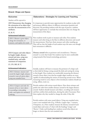 172 Grade 2 mathematics Curriculum Guide - INTERIM
Outcomes
MEASUREMENT
Elaborations—Strategies for Learning and Teaching
Students will be expected to
Strand: Shape and Space
2SS5 Demonstrate that changing
the orientation of an object does
not alter the measurements of its
attributes.
[C, R, V]
It is important to provide many opportunities for students to play with
and measure different objects in different orientations (position and
direction). By providing students with this type of practice, students
will have opportunity to conclude that orientation does not change the
measurement of the object.
Have students work in pairs to measure each other. First students
measure each other lying on the floor in different directions and record
the measurements. Next have them measure each other standing up.
They will see that the height of each student stays the same even though
their orientation is different.
2SS5.1 Measure a given object,
change the orientation, re-
measure, and explain the results.
Achievement Indicator:
2SS3 Compare and order objects
by length, height, distance
around and mass, using non-
standard units, and make
statements of comparison.
[C, CN, ME, R, V]
Distance around refers to perimeter and circumference. ‘Distance
around’ is a term that Grade Two students may be more comfortable
using instead of the formal terminology, perimeter.
Initially, students will learn to measure the perimeter of a shape such
as their desk by fitting a string around the desk and cutting the string
to that length. Once students are comfortable measuring the distance
around a linear object (one that has straight edges) students are more
capable of understanding the notion of measuring around curves. When
measuring round or curvy objects is first introduced, students should use
string, ribbon, wool, etc.
2SS3.1 Estimate, measure and
record the length, height, distance
around or mass of a given object
using non-standard units.
Provide students with various round objects. Have them estimate and
predict the order from smallest distance around to the largest distance
around. Students should measure each object, recording each measure
and then confirm their predictions, altering the order if necessary. Have
them explain why they needed to change the order, if they did.
Provide students with some round objects. Using non-standard units,
create a non-standard ruler (E.g., 6 blocks, 4 paper clips, 7 counters,
3 footprints, etc.) Have students measure the distance around of each
round object and create a T-chart with the headings ‘Longer’ and
‘Shorter’. Under each heading have students record what objects are
longer or shorter than the non-standard ruler.
2SS3.2 Compare and order the
measure of two or more objects
in ascending or descending
order, and explain the method of
ordering.
Achievement Indicators:
 