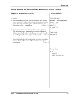 179Grade 2 mathematics Curriculum Guide - INTERIM
Suggested Assessment Strategies Resources/Notes
MEASUREMENT
General Outcome: Use Direct or Indirect Measurement to Solve Problems
Performance.
Bring in a schoolbag/tub filled with different items. Have students
compare the mass of each item. Record the results and choose a way
to rank them (e.g., heaviest to lightest, lightest to heaviest). This
could also be used as a center activity. (2SS3.1, 3.2)
Sports is an interest of many students. Discuss various sports and
types of equipment used. Ask students to compare the masses of
different types of balls, such as soft balls, ping pong balls, footballs,
etc. Are the sport balls that are bigger, usually heavier? (2SS3.2)
Can something that is small be heavier than something that is large?
Find two objects to demonstrate and use a balance scale to prove
your thinking. (2SS3.2)
•
•
•
Math Makes Sense 2
Lesson 9: Comparing by Mass
2SS3 (3.1, 3.2)
2SS5 (5.1)
TG pp.51 - 55
Audio CD 2:
Selection 20
Activity Bank:
TG p. 55
Play Ball!
Riddle Me, Riddle Me
 