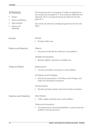 Grade 2 mathematics curriculum guide - interim12
The learning outcomes in the program of studies are organized into
four strands across the grades K–9. Some strands are subdivided into
substrands. There is one general outcome per substrand across the
grades K–9.
The strands and substrands, including the general outcome for each,
follow.
STRANDS
Number
Patterns and Relations
Shape and Space
Statistics and Probability
strands
•	 Number
•	 Patterns and Relations
•	 Shape and Space
•	 Statistics and
Probability
Number
•	 Develop number sense.
Patterns
•	 Use patterns to describe the world and to solve problems.
Variables and Equations
•	 Represent algebraic expressions in multiple ways.
Measurement
•	 Use direct and indirect measurement to solve problems.
3-D Objects and 2-D Shapes
•	 Describe the characteristics of 3-D objects and 2-D shapes, and
analyze the relationships among them.
Transformations
•	 Describe and analyze position and motion of objects and shapes.
Data Analysis
•	 Collect, display and analyze data to solve problems.
Chance and Uncertainty
•	 Use experimental or theoretical probabilities to represent and solve
problems involving uncertainty.
 