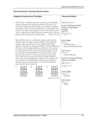 197grade 2 mathematics Curriculum Guide - INTERIM
Suggested Assessment Strategies Resources/Notes
ADDITION AND SUBTRACTION TO 100
General Outcome: Develop Number Sense
Toss It! Game - A student tosses two counters into a box lid which
has been prepared with a grid with numbers less than 100. He
records the numbers the counters land on as a subtraction problem
on his paper. After he solves the problem the turn then passes to his
partner. The student with the greatest answer is the winner for that
round. Students keep a tally of how many rounds they win. The first
person to win 10 rounds is the overall winner. (2N9.1, 9.5, 9.9)
Spin and Solve Game - A student spins a spinner and writes the
number he spins as a digit in the first problem. Alternating with
a partner, they repeat this four times to complete both 2-digit
addends. They solve the subtraction problems to find the difference.
The player with the greatest difference is the winner of that round.
Continue the game in this manner while keeping a tally of rounds
won. If students arrange the digits such that the problem cannot
be solved, their turn is “busted”! (e.g. 53 - 80 cannot be solved)
Note: Students with strong mathematical thinking will quickly
discover the value of placing greater numbers in the minuend, and
lesser numbers in the subtrahend to produce a greater difference.
If students have not discovered this, you may want to guide the
discussion for them to realize this.
(2N (9.1, 9.5, 9.9)
•
•
Math Makes Sense 2
Lesson 8: Subtracting 2-Digit
Numbers Using Personal
Strategies
2N9 (9.5)
TG pp. 48 - 51
Activity Bank:
TG p. 56
Scrambled Letters
Snakes and Ladders My Way
Unit Centres:
TG p. 15
Greatest Difference
Lesson 9: Creating and Solving
Subtraction Problems
2N9 (9.4, 9.9)
TG pp. 52 - 55
Activity Bank:
TG p. 56
Storyteller
Unit Centres:
TG p. 15
Build It
 