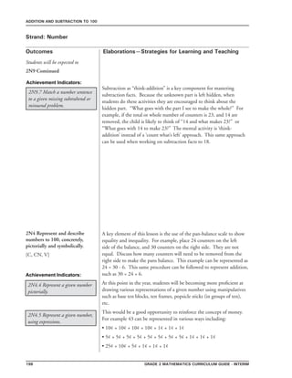 198 Grade 2 mathematics Curriculum Guide - INterim
Outcomes
ADDITION AND SUBTRACTION TO 100
Elaborations—Strategies for Learning and Teaching
Students will be expected to
Strand: Number
2N9 Continued
Achievement Indicators:
2N9.7 Match a number sentence
to a given missing subtrahend or
minuend problem.
2N4.4 Represent a given number
pictorially.
Subtraction as “think-addition” is a key component for mastering
subtraction facts. Because the unknown part is left hidden, when
students do these activities they are encouraged to think about the
hidden part. “What goes with the part I see to make the whole?” For
example, if the total or whole number of counters is 23, and 14 are
removed, the child is likely to think of “14 and what makes 23?” or
“What goes with 14 to make 23?” The mental activity is ‘think-
addition’ instead of a ‘count what’s left’ approach. This same approach
can be used when working on subtraction facts to 18.
2N4 Represent and describe
numbers to 100, concretely,
pictorially and symbolically.
[C, CN, V]
A key element of this lesson is the use of the pan-balance scale to show
equality and inequality. For example, place 24 counters on the left
side of the balance, and 30 counters on the right side. They are not
equal. Discuss how many counters will need to be removed from the
right side to make the pans balance. This example can be represented as
24 = 30 - 6. This same procedure can be followed to represent addition,
such as 30 = 24 + 6.
2N4.5 Represent a given number,
using expressions.
At this point in the year, students will be becoming more proficient at
drawing various representations of a given number using manipulatives
such as base ten blocks, ten frames, popsicle sticks (in groups of ten),
etc.
This would be a good opportunity to reinforce the concept of money.
For example 43 can be represented in various ways including:
• 10¢ + 10¢ + 10¢ + 10¢ + 1¢ + 1¢ + 1¢
• 5¢ + 5¢ + 5¢ + 5¢ + 5¢ + 5¢ + 5¢ + 5¢ + 1¢ + 1¢ + 1¢
• 25¢ + 10¢ + 5¢ + 1¢ + 1¢ + 1¢
Achievement Indicators:
 