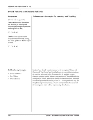 200 Grade 5 mathematics Curriculum Guide - interim
Outcomes
ADDITION AND SUBTRACTION TO 100
Elaborations—Strategies for Learning and Teaching
Students will be expected to
Strand: Patterns and Relations (Patterns)
2PR3 Demonstrate and explain
the meaning of equality and
inequality by using manipulatives
and diagrams (0-100).
[C, CN, R, V]
2PR4 Record equalities and
inequalities symbolically, using
the equal symbol or the not equal
symbol.
[C, CN, R, V]
Students have already been introduced to the strategies of ‘Guess and
Check’ and ‘Use Objects’ and have had many opportunities throughout
the previous units to practice these strategies. In addition to these
strategies, consider having students draw a picture of the problem before
attempting to solve it. This can be beneficial to visual learners. Although
students may think that drawing picture to a solve a problem is easy, the
thought that goes into creating a picture is important to the success of
the investigation and is helpful in presenting the solution.
Problem Solving Strategies:
Guess and Check
Use Objects
Draw a Picture
•
•
•
 