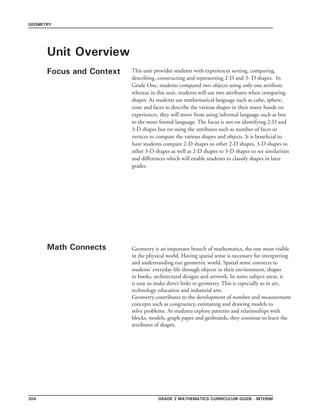 grade 2 mathematics Curriculum Guide - INTERIM204
GEOMETRY
Unit Overview
Focus and Context
Math Connects
This unit provides students with experiences sorting, comparing,
describing, constructing and representing 2-D and 3- D shapes. In
Grade One, students compared two objects using only one attribute
whereas in this unit, students will use two attributes when comparing
shapes. As students use mathematical language such as cube, sphere,
cone and faces to describe the various shapes in their many hands on
experiences, they will move from using informal language such as box
to the more formal language. The focus is not on identifying 2-D and
3-D shapes but on using the attributes such as number of faces or
vertices to compare the various shapes and objects. It is beneficial to
have students compare 2-D shapes to other 2-D shapes, 3-D shapes to
other 3-D shapes as well as 2-D shapes to 3-D shapes to see similarities
and differences which will enable students to classify shapes in later
grades.
Geometry is an important branch of mathematics, the one most visible
in the physical world. Having spatial sense is necessary for interpreting
and understanding our geometric world. Spatial sense connects to
students’ everyday life through objects in their environment, shapes
in books, architectural designs and artwork. In some subject areas, it
is easy to make direct links to geometry. This is especially so in art,
technology education and industrial arts.
Geometry contributes to the development of number and measurement
concepts such as congruency, estimating and drawing models to
solve problems. As students explore patterns and relationships with
blocks, models, graph paper and geoboards, they continue to learn the
attributes of shapes.
 