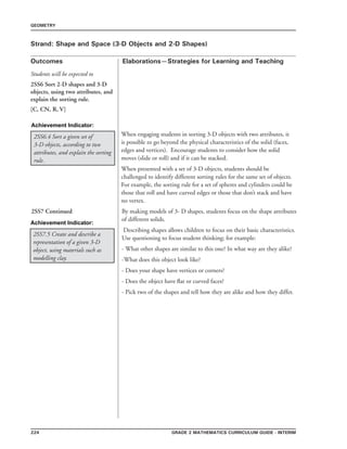 224 Grade 2 mathematics Curriculum Guide - interim
Outcomes
GEOMETRY
Elaborations—Strategies for Learning and Teaching
Students will be expected to
Strand: Shape and Space (3-D Objects and 2-D Shapes)
2SS6 Sort 2-D shapes and 3-D
objects, using two attributes, and
explain the sorting rule.
[C, CN, R, V]
When engaging students in sorting 3-D objects with two attributes, it
is possible to go beyond the physical characteristics of the solid (faces,
edges and vertices). Encourage students to consider how the solid
moves (slide or roll) and if it can be stacked.
When presented with a set of 3-D objects, students should be
challenged to identify different sorting rules for the same set of objects.
For example, the sorting rule for a set of spheres and cylinders could be
those that roll and have curved edges or those that don’t stack and have
no vertex.
Achievement Indicator:
2SS6.4 Sort a given set of
3-D objects, according to two
attributes, and explain the sorting
rule.
2SS7 Continued By making models of 3- D shapes, students focus on the shape attributes
of different solids.
Describing shapes allows children to focus on their basic characteristics.
Use questioning to focus student thinking; for example:
- What other shapes are similar to this one? In what way are they alike?
-What does this object look like?
- Does your shape have vertices or corners?
- Does the object have flat or curved faces?
- Pick two of the shapes and tell how they are alike and how they differ.
Achievement Indicator:
2SS7.5 Create and describe a
representation of a given 3-D
object, using materials such as
modelling clay.
 