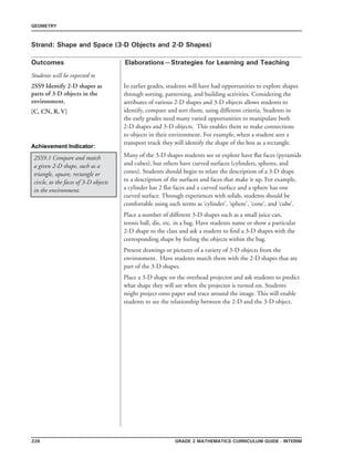 226 Grade 2 mathematics Curriculum Guide - interim
Outcomes
GEOMETRY
Elaborations—Strategies for Learning and Teaching
Students will be expected to
Strand: Shape and Space (3-D Objects and 2-D Shapes)
2SS9 Identify 2-D shapes as
parts of 3-D objects in the
environment.
[C, CN, R, V]
In earlier grades, students will have had opportunities to explore shapes
through sorting, patterning, and building activities. Considering the
attributes of various 2-D shapes and 3-D objects allows students to
identify, compare and sort them, using different criteria. Students in
the early grades need many varied opportunities to manipulate both
2-D shapes and 3-D objects. This enables them to make connections
to objects in their environment. For example, when a student sees a
transport truck they will identify the shape of the box as a rectangle.
Achievement Indicator:
2SS9.1 Compare and match
a given 2-D shape, such as a
triangle, square, rectangle or
circle, to the faces of 3-D objects
in the environment.
Many of the 3-D shapes students see or explore have flat faces (pyramids
and cubes), but others have curved surfaces (cylinders, spheres, and
cones). Students should begin to relate the description of a 3-D shape
to a description of the surfaces and faces that make it up. For example,
a cylinder has 2 flat faces and a curved surface and a sphere has one
curved surface. Through experiences with solids, students should be
comfortable using such terms as ‘cylinder’, ‘sphere’, ‘cone’, and ‘cube’.
Place a number of different 3-D shapes such as a small juice can,
tennis ball, die, etc. in a bag. Have students name or show a particular
2-D shape to the class and ask a student to find a 3-D shapes with the
corresponding shape by feeling the objects within the bag.
Present drawings or pictures of a variety of 3-D objects from the
environment. Have students match them with the 2-D shapes that are
part of the 3-D shapes.
Place a 3-D shape on the overhead projector and ask students to predict
what shape they will see when the projector is turned on. Students
might project onto paper and trace around the image. This will enable
students to see the relationship between the 2-D and the 3-D object.
 