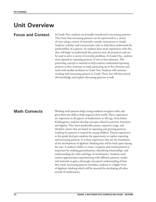 grade 2 mathematics Curriculum Guide - interim32
PATTERNING
Unit Overview
Focus and Context In Grade Two, students are formally introduced to increasing patterns.
They learn that increasing patterns can be represented in a variety
of ways using a variety of materials, sounds, movements or visuals.
Students verbalize and communicate rules to help them understand the
predictability of a pattern. As students have more experiences with this,
they will begin to understand that patterns exist all around us and can
be used to solve a variety of everyday problems. In Grade One, students
were exposed to repeating patterns of two to four elements. This
patterning concept is essential to help students understand repeating
patterns as they continue to study patterning up to five elements and
work with double attributes in Grade Two. Students will continue
working with increasing patterns in Grade Three, but will also extend
this knowledge and explore decreasing patterns as well.
Math Connects Working with patterns helps young students recognize order and
gives them the skills to help organize their world. These experiences
are important in all aspects of mathematics at this age. Even before
Kindergarten, students develop concepts related to patterns, functions
and algebra. They learn predictable poems, repetitive songs, and
rhythmic chants that are based on repeating and growing patterns.
Looking for patterns is natural for young children. Pattern experiences
at this grade level give students the opportunity to explore repeating
and increasing patterns. It is these experiences that are the foundation
of the development of algebraic thinking that will be built upon during
the year. A student’s ability to create, recognize and extend patterns is
important for making generalizations, identifying relationships, and
understanding the order and logic of mathematics. Students need
various opportunities experimenting with different patterns, modes
and materials to gain a thorough conceptual understanding of how
they work. Increasing patterns introduce students to a higher level
of algebraic thinking which will be essential for developing all other
strands of mathematics.
 