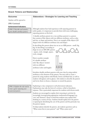 36 grade 2 mathematics Curriculum Guide - interim
Outcomes
PATTERNING
Elaborations—Strategies for Learning and Teaching
Students will be expected to
Strand: Patterns and Relationships
2PR1.2 Describe and extend a
given double attribute pattern.
2PR1 Continued
Although students have had experiences with repeating patterns in
earlier grades, it is important to provide them with more challenging
repeating patterns at this level.
A double attribute pattern (or a two attribute pattern) is a pattern
that consists of like objects with two different attributes, such as color
and size, or shape and position. Here is an example of like objects (2D
shapes) with two different attributes (size and shape):
In describing this pattern about size we see an ABB pattern - small, big,
big. In describing it according to
shape we see an ABCABC pattern
- square, circle, triangle, square,
circle, triangle.
Here is another example
of a double attribute
with ‘like objects’ (straws)
with two different
attributes (color and length):
Introduce double attribute patterns with your class by using student
attributes as the elements of the pattern. You may wish to create a
pattern by using students with blonde, brown and black hair, as well as,
students with glasses and no glasses. Ask students to describe the pattern
and invite them to choose a classmate to extend the pattern.
Achievement Indicators:
2PR1.3 Explain the rule used to
create a given repeating non-
numerical pattern.
Explaining is a key component in all achievement indicators.
Explanations may take the form of a written, verbal or kinesthetic
response. This is particularly important for students with diverse needs.
Students are encouraged to explain their reasoning in activities by
increasingly incoroporating appropriate mathematical language (e.g.,
‘core’ and ‘element’). Keep in mind that students may explain their
thinking in a variety of ways. Students should explain how the pattern
is repeating by identifying the core of the pattern and the particular way
the pattern repeats.
To help students identify the pattern, ask students questions such as
“What comes first in your pattern?” and “What comes next?”.
 