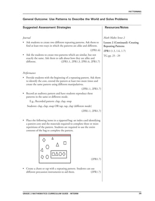 39grade 2 mathematics Curriculum Guide - interim
Suggested Assessment Strategies Resources/Notes
PATTERNING
General Outcome: Use Patterns to Describe the World and Solve Problems
Journal
Ask students to create two different repeating patterns. Ask them to
find at least two ways in which the patterns are alike and different.
(2PR1.6)
Ask the students to create two patterns which are similar, but not
exactly the same. Ask them to talk about how they are alike and
different. (2PR1.1, 2PR1.3, 2PR1.6, 2PR1.7)
•
•
Math Makes Sense 2
Lesson 2 (Continued): Creating
Repeating Patterns
2PR1 (1.3, 1.6, 1.7)
TG pp. 25 - 29
Performance
Provide students with the beginning of a repeating pattern. Ask them
to identify the core, extend the pattern at least two more times and
create the same pattern using different manipulatives.
(2PR1.1, 2PR1.7)
Record an auditory pattern and have students reproduce these
patterns in the same or different mode.
E.g., Recorded pattern: clap, clap, snap
Students: clap, clap, snap OR tap, tap, clap (different mode)
(2PR1.1, 2PR1.7)
Place the following items in a zippered bag: an index card identifying
a pattern core and the materials required to complete three or more
repetitions of the pattern. Students are required to use the entire
contents of the bag to complete the pattern.
(2PR1.7)
Create a chant or rap with a repeating pattern. Students can use
different percussion instruments to aid them. (2PR1.7)
•
•
•
•
 