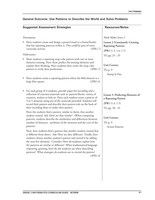 41grade 2 mathematics Curriculum Guide - interim
Suggested Assessment Strategies Resources/Notes
PATTERNING
For each group of 4 students, provide paper for recording and a
collection of concrete materials such as: pattern blocks, variety of
counters, stickers or link-its. Have each student create a pattern of
3 to 5 elements using any of the materials provided. Students will
record their pattern and describe their pattern rule on the back of
their recording sheet or under their pattern.
Have the students find a pattern, similar to theirs, that another
student created. Ask: How are they similar? (When comparing
patterns, students describe the similarities and differences between
number of elements, attributes of the elements and the core of the
pattern).
Next, have students find a pattern that another student created that
is different from theirs. Ask: How are they different? Finally, have
students choose another student’s pattern and extend it by adding
the next five elements. Consider: How do students explain how
the patterns are similar or different? What mathematical language
(repeating, growing, first) do the students use when describing
patterns? What strategies do students use to extend the pattern?
(2PR1.4)
•
General Outcome: Use Patterns to Describe the World and Solve Problems
Presentation
Have students create and design a poster/visual or a frame/border
that has repeating patterns within it. This could be part of cross-
curricular activity. (2PR1.7)
•
Lesson 3: Predicting Elements of
a Repeating Pattern
2PR1 (1.4, 1.5)
TG pp. 30 - 35
Unit Centres:
TG p. 9
Action Patterns
Performance
Show students a repeating snap cube pattern with one or more
elements missing. Have them predict the missing elements and
explain their thinking. Have students then create the snap cube
pattern to verify their predictions. (2PR1.7)
Have students create a repeating pattern where the fifth element is a
large blue square. (2PR1.4)
•
•
Math Makes Sense 2
Lesson 2 (Continued): Creating
Repeating Patterns
2PR1 (1.3, 1.6, 1.7)
TG pp. 25 - 29
Unit Centres:
TG p. 9
Stamp It Out
 