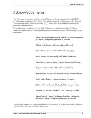 grade 2 mathematics curriculum guide - interim iii
The Department of Education would like to thank Western and Northern Canadian Protocol (WNCP)
for Collaboration in Education, The Common Curriculum Framework for K-9 Mathematics - May 2006 and
The Common Curriculum Framework for Grades 10-12 - January 2008. Reproduced (and/or adapted) by
permission. All rights reserved.
We would also like to thank the provincial Grade 2 Mathematics curriculum committee, the Alberta
Department of Education, the New Brunswick Department of Education, and the following people for their
contribution:
Trudy Porter, Program Development Specialist – Mathematics, Division
of Program Development, Department of Education
Rhonda Earle, Teacher – Lakewood Academy, Glenwood
Dennis Barrow, Teacher – William Mercer Academy, Dover
Elaina Johnson, Teacher – Bishop White School, Port Rexton
Sharon Power, Numeracy Support Teacher – Eastern School District
Stephanie Collins, Teacher – Morris Academy, Mt. Pearl
Betty Mouland, Teacher – Gill Memorial Academy, Musgrave Harbour
Sherry Mullet, Teacher – Lewisporte Academy, Lewisporte
Catherine Roberts, Teacher – Virginia Park Elementary, St. John’s
Regina Wicks, Teacher – MacDonald Drive Elementary, St. John’s
Patricia Maxwell, Program Development Specialist – Mathematics,
Division of Program Development, Department of Education
Every effort has been made to acknowledge all sources that contributed to the development of this document.
Any omissions or errors will be amended in final print.
Acknowledgements
acknowledgements
 