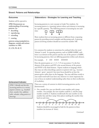 46 grade 2 mathematics Curriculum Guide - interim
Outcomes
PATTERNING
Elaborations—Strategies for Learning and Teaching
Students will be expected to
Strand: Patterns and Relationships
2PR2 Demonstrate an
understanding of increasing
patterns by:
•	 describing
•	 reproducing
•	 extending
•	 creating
patterns using manipulatives,
diagrams, sounds and actions
(numbers to 100).
[C, CN, PS, R, V]
Increasing patterns is a new concept to Grade Two students. An
increasing pattern is a ‘growing’ pattern where each element is increasing
by a specific quantity. The following pattern is increasing by one each
time:
	
Show students how an increasing pattern is different from a repeating
pattern by providing several examples and discussing each. A growing
pattern involving numbers should not exceed the number 100.
2PR2.1 Identify and describe
increasing patterns in a variety
of given contexts; e.g., hundred
chart, number line, addition
table, calendar, tiling pattern or
drawings.
Achievement Indicator:
It is common for students to sometimes be confused when the word
‘element’ is used. In repeating patterns, such as AABBCAABBC each
letter is an element of the pattern and the core of the pattern is AABBC.
In increasing patterns, there are differing quantities within each element.
For example, 	 F FFF FFFFF FFFFFFF
Here the pattern grows as 1, 3, 5, 7, F’s in succession. F is the first
element of the pattern and FFF is the second element of the pattern
and FFFFF is the third element. Expose students to language which
they may use when describing a pattern or pattern rule (e.g., ‘increase’,
‘element’, ‘grow’, ‘pattern’), but more focus should be on how the
pattern grows rather than on the language.. You may add these words to
your math word wall if you have one, however it is more important for
you to focus on students`understanding rather than on their recollection
of vocabulary.
There are a variety of contexts in which increasing patterns can be
demonstrated:
On a number line, you can identify a start number and a jump
number. For example, the start number could be 2, and the jump
number could be 3. Students would mark the start number on the
number line and then ‘jump’ three places marking the number they
land on each time.
Students should be encouraged to look for the pattern in these
numbers (an increase of three).
•
Continued
 