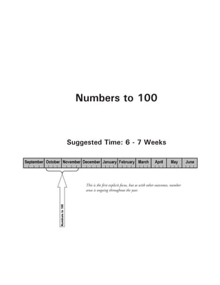 Numbers to 100
Suggested Time: 6 - 7 Weeks
This is the first explicit focus, but as with other outcomes, number
sense is ongoing throughout the year.
 