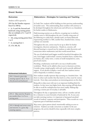 60 Grade 2 mathematics Curriculum Guide - interim
Outcomes
Numbers to 100
Elaborations—Strategies for Learning and Teaching
Students will be expected to
Strand: Number
2N1 Say the Number sequence
from 0 to 100 by:
•	 2s, 5s and 10s, forward and
backward, using starting points
that are multiples of 2, 5 and 10
respectively
•	 10s, using starting points from
1 to 9
•	 2s, starting from 1.
[C, CN, ME, R]
In Grade Two, students will be building on their previous understanding
of number sense. This understanding about numbers will continue to
be developed throughout the school years and will serve as a foundation
for further studies in Mathematics.
Daily/morning routines are an effective, on-going way to reinforce
number sense to 100 throughout the year. Consider using some of
the following on a daily basis: calendar math, ten-frame flashcards
(representing numbers to 100), number lines, hundred chart, money,
and base ten materials.
Throughout this unit, centres may be set up to allow for further
investigation, discovery and practice. Hands-on, concrete, self-
directed learning is a natural way for students to make discoveries and
connections about mathematics and their world around them.
The use of individual math baggies would be beneficial throughout this
unit. Each baggie could include: counters, hundred charts, number-line,
ten frames, dice, sticky notes, a variety of small manipulatives, coins,
pencil and crayons.
Providing a mathematics word wall is one way to build number
vocabulary. Words can be added as they occur in classroom activities.
Consider using a simple graphic with each word to provide additional
support. If you decide to display a word wall, have students interact
with it frequently, to reinforce concepts.
Have students visually represent skip counting on a hundred chart. Ask
them to colour each number that they land on as they count by various
intervals. Every skip count produces an interesting pattern on the chart.
Being able to skip count with ease is an important building block for
students. As they move into higher levels, skip counting will help them
be able to recall the multiplication facts more readily. Making skip
counting a routine part of everyday, is advisable.
Throughout the day, at appropriate times, call out a number and ask
for a volunteer to count forwards or backwards by 10s. As you carry
out daily morning routines, it is important to keep good anecdotal
records of students’ responses and participation. These records are a very
important part of individual assessment.
Skip count a given pattern aloud, intentionally making an error or
omission. Students can make corrections as needed. As the year
progresses, the activity should be done repeatedly with more complex
patterns.
2N1.1 Extend a given skip
counting sequence (by 2s, 5s or
10s) forward and backward.
2N1.2 Skip count by 10s given
any number from 1 to 9 as a
starting point.
2N1.4 Identify and correct errors
and omissions in a given skip
counting sequence.
Achievement Indicators:
 