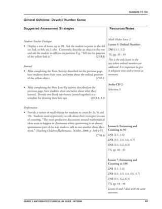 69Grade 2 mathematics Curriculum Guide - interim
Suggested Assessment Strategies Resources/Notes
Numbers to 100
General Outcome: Develop Number Sense
Student-Teacher Dialogue
Display a row of items, up to 10. Ask the student to point to the 4th
(or 2nd, or 8th, etc.) cube. Conversely, describe an object in the row
and ask the student to tell you its position. E.g. “Tell me the position
of the yellow link-it.” (2N3.1)
Journal
After completing the Train Activity described on the previous page,
have students draw their train, and write about the ordinal position
of the yellow object. (2N3.1)
After completing the Shoe Line-Up activity described on the
previous page, have students draw and write about what they
learned. Provide two blank ten-frames (joined together) as a
template for drawing their line-ups. (2N3.1, 3.2)
Performance
Provide a variety of small objects for students to count by 2s, 5s and
10s. Students need opportunity to talk about their strategies for ease
of counting. “The most productive discussions around mathematical
ideas seem to happen in classrooms where questioning is an almost
spontaneous part of the way students talk to one another about their
work.” (Teaching Children Mathematics, October, 2008, p. 146-147)
(2N1.6)
•
•
•
•
Math Makes Sense 2
Lesson 5: Ordinal Numbers
2N3 (3.1, 3.2)
TG pp. 35 - 39
This is the only lesson in the
text where ordinal numbers are
addressed. It is important to give
it adequate time and to revisit as
necessary.
Audio CD 2:
Selection 3
Lesson 6: Estimating and
Counting to 50
2N1 (1.1, 1.6)
2N4 (4.1, 4.4, 4.6, 4.7)
2N6 (6.1, 6.2, 6.3)
TG pp. 40 - 43
Lesson 7: Estimating and
Counting to 100
2N1 (1.1, 1.6)
2N4 (4.1, 4.3, 4.4, 4.6, 4.7)
2N6 (6.1, 6.2, 6.3)
TG pp. 44 - 48
Lessons 6 and 7 deal with the same
outcomes.
 