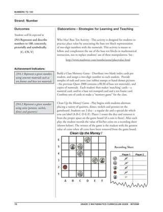 76 Grade 2 mathematics Curriculum Guide - interim
Outcomes
Numbers to 100
Elaborations—Strategies for Learning and Teaching
Students will be expected to
Strand: Number
2N4 Represent and describe
numbers to 100, concretely,
pictorially and symbolically.
[C, CN, V]
Who Has? Base Ten Activity - This activity is designed for students to
practice place value by associating the base ten block representation
of two-digit numbers with the numerals. This activity is meant to
follow and complement the use of the base ten blocks in mathematical
instruction, not to replace students’ use of these manipulatives. See :
http://www.mathwire.com/numbersense/placevalue.html
2N4.2 Represent a given number
using coins (pennies, nickels,
dimes and quarters).
2N4.1 Represent a given number,
using concrete materials such as
ten frames and base ten materials.
Build a Class Memory Game - Distribute two blank index cards per
student, and assign a two-digit number to each student. Provide
samples of rods and units (use rubber stamps or hand-drawn pictures
- the previous Quest 2000 contains a BLM of base ten materials), and
copies of numerals. Each student then makes ‘matching’ cards – a
numeral card, and/or a base ten stamped card and a ten frame card.
Combine sets of cards to make a “memory game” for the class.
Clean Up the Money! Game - Play begins with students alternate
placing a variety of quarters, dimes, nickels and pennies on the
gameboard. Students use 2 dice - a regular die and a special die which
you can label (A-B-C-D-E-F). Player 1 tosses the dice and removes it
from the proper space on the game board (if a coin is there). After each
play, the student records the value of his/her coins on a recording sheet
(shown below). The winner of the game is the student with the greatest
value of coins when all coins have been removed from the game board.
Achievement Indicators:
Recording Sheet
 