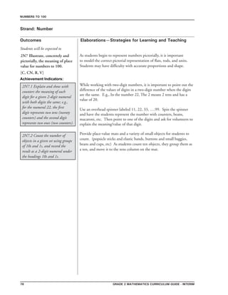 78 Grade 2 mathematics Curriculum Guide - interim
Outcomes
Numbers to 100
Elaborations—Strategies for Learning and Teaching
Students will be expected to
Strand: Number
2N7 Illustrate, concretely and
pictorially, the meaning of place
value for numbers to 100.
[C, CN, R, V]
As students begin to represent numbers pictorially, it is important
to model the correct pictorial representation of flats, rods, and units.
Students may have difficulty with accurate proportions and shape.
2N7.2 Count the number of
objects in a given set using groups
of 10s and 1s, and record the
result as a 2-digit numeral under
the headings 10s and 1s.
2N7.1 Explain and show with
counters the meaning of each
digit for a given 2-digit numeral
with both digits the same; e.g.,
for the numeral 22, the first
digit represents two tens (twenty
counters) and the second digit
represents two ones (two counters).
While working with two-digit numbers, it is important to point out the
difference of the values of digits in a two-digit number when the digits
are the same. E.g., In the number 22, The 2 means 2 tens and has a
value of 20.
Use an overhead spinner labeled 11, 22, 33, ….99. Spin the spinner
and have the students represent the number with counters, beans,
macaroni, etc. Then point to one of the digits and ask for volunteers to
explain the meaning/value of that digit.
Provide place-value mats and a variety of small objects for students to
count. (popsicle sticks and elastic bands, buttons and small baggies,
beans and cups, etc) As students count ten objects, they group them as
a ten, and move it to the tens column on the mat.
Achievement Indicators:
 