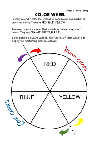 Grade 2: Note Taking
COLOR WHEEL
Primary color is a color that cannot be made from a combination of
any other colors. They are RED, BLUE, YELLOW
Secondary colors is a color that is made by mixing two primary
colors. They are ORANGE, GREEN, PURPLE
Below picture is COLOR WHEEL. The function of Color Wheel is to
display the relationship between colours.
 