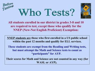 Before Testing All students enrolled in our district in grades 3-8 and 10 are required to test, except those who qualify for the NNEP (New-Not English Proficient) Exemption: Who Tests? NNEP students are  those who first enrolled in a US public school within the past 12 months and qualify for ELL services. These students are exempt from the Reading and Writing tests, but must attempt the Math and Science tests to count as “participants” for AYP.  Their scores for Math and Science are not counted in any way (for WASL or AYP).  