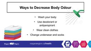 Ways to Decrease Body Odour
• Wash your body
• Use deodorant or
antiperspirant
• Wear clean clothes
• Change underwear and socks
 