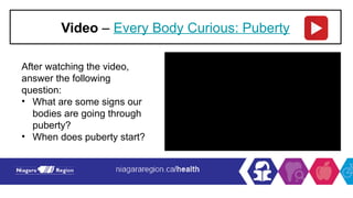 Video – Every Body Curious: Puberty
After watching the video,
answer the following
question:
• What are some signs our
bodies are going through
puberty?
• When does puberty start?
 