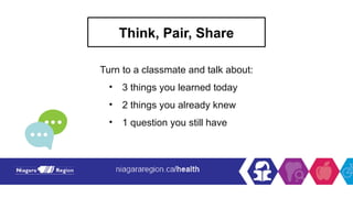 Think, Pair, Share
Turn to a classmate and talk about:
• 3 things you learned today
• 2 things you already knew
• 1 question you still have
 