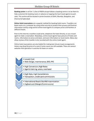 Sheldon Group Of Hotels 
 
18 | P a g e  
 
Booking centre‐ In all tier 1 cities of INDIA except Kolkata a booking centre is to be there to 
help customers for booking rooms in advance or tapping the local travel agents to push 
sales. The centres will be located in prime locations of Delhi, Mumbai, Bangalore, and 
Chennai & Hyderabad. 
Online Hotel reservations are a popular method for booking hotel rooms. Travellers can 
book rooms on a computer by using online security to protect their privacy and financial 
information and by using several online travel agents to compare prices and facilities at 
different hotels. 
Prior to the Internet, travellers could write, telephone the hotel directly, or use a travel 
agent to make a reservation. Nowadays, online travel agents have pictures of hotels and 
rooms, information on prices and deals, and even information on local resorts. Many also 
allow reviews of the traveller to be recorded with the online travel agent. 
Online hotel reservations are also helpful for making last minute travel arrangements. 
Hotels may drop the price of a room if some rooms are still available. There are several 
websites that specialize in searches for deals on rooms. 
 
 
 