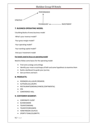 Sheldon Group Of Hotels 
 
5 | P a g e  
 
                                                           PERFORMANCE 
 
STRATEGY 
                                                          TECHNOLOGY                                 INVESTMENT 
7. BUSINESS OPERATING MODEL 
5 building blocks of every business model 
‐What’s your revenue model? 
‐Your gross margin model? 
‐Your operating model? 
‐Your working capital model? 
‐And your investment model 
For hotels need to focus on operating model 
Need to follow some basics for the operating model 
• Find some analogs and antilogs 
• Identify your most crucial leaps of faith and some hypothesis to examine them 
• Build a dashboard to guide your journey 
• Get out there and learn 
8. PRODUCTS: 
• ROOM(DELUX,LUXURY,PREMIER) 
• SUITE(DELUX,LUXURY) 
• RESTAURANTS(INDIAN,CHINESE,CONTINENTAL) 
• SPA 
• CONFERENCE HALL 
9. COSTOMER SEGMENT: 
• CORPORATE CLIENT 
• BUISNESSMAN 
• TOURIST(INDIAN) 
• TOURIST(FOREIGNER) 
• HONEYMOON COUPLES 
• SPORTS TEAM,CELEBRITYS 
 