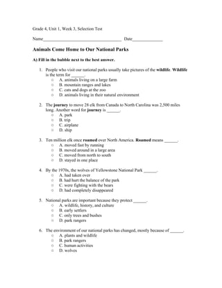 Grade 4, Unit 1, Week 3, Selection Test

Name____________________________________ Date______________

Animals Come Home to Our National Parks
A) Fill in the bubble next to the best answer.

   1. People who visit our national parks usually take pictures of the wildlife. Wildlife
      is the term for ______.
          ○ A. animals living on a large farm
          ○ B. mountain ranges and lakes
          ○ C. cats and dogs at the zoo
          ○ D. animals living in their natural environment

   2. The journey to move 28 elk from Canada to North Carolina was 2,500 miles
      long. Another word for journey is ______.
         ○ A. park
         ○ B. trip
         ○ C. airplane
         ○ D. ship

   3. Ten million elk once roamed over North America. Roamed means ______.
        ○ A. moved fast by running
        ○ B. moved around in a large area
        ○ C. moved from north to south
        ○ D. stayed in one place

   4. By the 1970s, the wolves of Yellowstone National Park ______.
        ○ A. had taken over
        ○ B. had hurt the balance of the park
        ○ C. were fighting with the bears
        ○ D. had completely disappeared

   5. National parks are important because they protect ______.
        ○ A. wildlife, history, and culture
        ○ B. early settlers
        ○ C. only trees and bushes
        ○ D. park rangers

   6. The environment of our national parks has changed, mostly because of ______.
        ○ A. plants and wildlife
        ○ B. park rangers
        ○ C. human activities
        ○ D. wolves
 