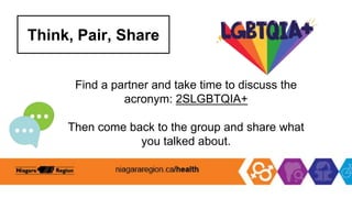 Think, Pair, Share
Find a partner and take time to discuss the
acronym: 2SLGBTQIA+
Then come back to the group and share what
you talked about.
 
