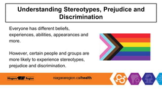 Understanding Stereotypes, Prejudice and
Discrimination
Everyone has different beliefs,
experiences, abilities, appearances and
more.
However, certain people and groups are
more likely to experience stereotypes,
prejudice and discrimination.
 