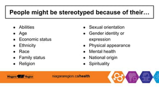 People might be stereotyped because of their…
● Abilities
● Age
● Economic status
● Ethnicity
● Race
● Family status
● Religion
● Sexual orientation
● Gender identity or
expression
● Physical appearance
● Mental health
● National origin
● Spirituality
 