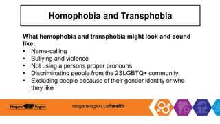 Homophobia and Transphobia
What homophobia and transphobia might look and sound
like:
• Name-calling
• Bullying and violence
• Not using a persons proper pronouns
• Discriminating people from the 2SLGBTQ+ community
• Excluding people because of their gender identity or who
they like
 