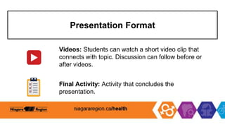 Presentation Format
Videos: Students can watch a short video clip that
connects with topic. Discussion can follow before or
after videos.
Final Activity: Activity that concludes the
presentation.
 