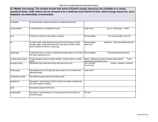 KISD 6th, 7th, and 8th Grade Science TEKS with Vocabulary

6.7 Matter and energy. The student knows that some of Earth's energy resources are available on a nearly
perpetual basis, while others can be renewed over a relatively short period of time. Some energy resources, once
depleted, are essentially nonrenewable.


renewable              A resource that is replaced naturally in a relatively short time.


nonrenewable           A resource that is not replaced as used.                                     Fossil Fuels                  coal, oil, natural gas   CONG



coal                   A fossil fuel made from the remains of plants.                               Nonrenewable                    The most abundant in the US


oil                    Is a thick, black, liquid fossil fuel formed from the remains of small       Nonrenewable               petroleum Latin word petra (rock) and
                       animals, algae, and protists that lived in the oceans shallow inland         oleum (oil)
                       seas hundreds of millions of years ago.


natural gas            A fossil fuel that is a mixture of methane and other gases. Forms from Nonrenewable                         The least polluting fossil fuel.
                       the same organisms as oil.

nuclear power energy   Energy released during a nuclear reaction, nuclear fission or nuclear        fission - splitting of an atom (nuclear power plants)      fusion -
                       fusion.                                                                      combining of two atoms (Sun)
biomass energy         Renewable fuels made from things that were once living.                      corn = alcohol                        alcohol + gasoline = gasohol
                                                                                                    Fuel for cars

wind energy            Renewable source of energy that can be used to turn a turbine and            "wind farms"
                       generate energy.

hydropower energy      Renewable energy produced by flowing water.

geothermal             Renewable - Heat energy in Earth's interior from water or steam that
                       has been heated by magma.

solar                  Renewable energy from the Sun.

inexhaustible          Any living or nonliving thing in an environment for which there is a         The Sun
                       unlimited supply.




                                                                                                                                                                          Updated 8/12/10
                                                                                                                                                                                        3
 