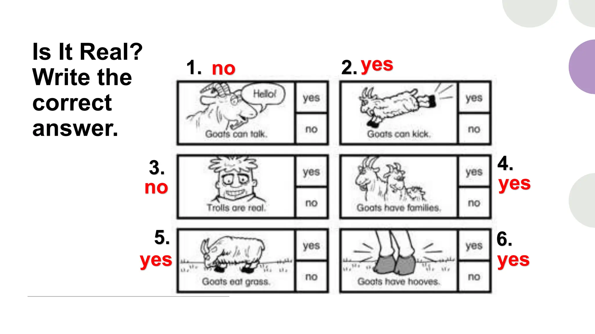 Is It Real?
Write the
correct
answer.
1. 2.
3. 4.
5. 6.
no yes
no yes
yes yes
 