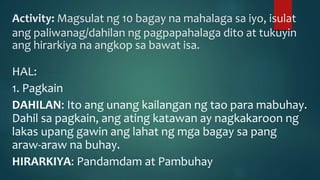 Activity: Magsulat ng 10 bagay na mahalaga sa iyo, isulat
ang paliwanag/dahilan ng pagpapahalaga dito at tukuyin
ang hirarkiya na angkop sa bawat isa.
HAL:
1. Pagkain
DAHILAN: Ito ang unang kailangan ng tao para mabuhay.
Dahil sa pagkain, ang ating katawan ay nagkakaroon ng
lakas upang gawin ang lahat ng mga bagay sa pang
araw-araw na buhay.
HIRARKIYA: Pandamdam at Pambuhay
 