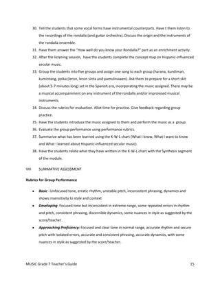 30. Tell the students that some vocal forms have instrumental counterparts. Have t them listen to
           the recordings of the rondalla (and guitar orchestra). Discuss the origin and the instruments of
           the rondalla ensemble.
       31. Have them answer the “How well do you know your Rondalla?” part as an enrichment activity.
       32. After the listening session, have the students complete the concept map on Hispanic-influenced
           secular music.
       33. Group the students into five groups and assign one song to each group (harana, kundiman,
           kumintang, polka (leron, leron sinta and pamulinawen). Ask them to prepare for a short skit
           (about 5-7 minutes long) set in the Spanish era, incorporating the music assigned. There may be
           a musical accompaniment on any instrument of the rondalla and/or improvised musical
           instruments.
       34. Discuss the rubrics for evaluation. Allot time for practice. Give feedback regarding group
           practice.
       35. Have the students introduce the music assigned to them and perform the music as a group.
       36. Evaluate the group performance using performance rubrics.
       37. Summarize what has been learned using the K-W-L chart (What I know, What I want to know
           and What I learned about Hispanic-influenced secular music).
       38. Have the students relate what they have written in the K-W-L chart with the Synthesis segment
           of the module.

VIII       SUMMATIVE ASSESSMENT

Rubrics for Group Performance

           Basic –Unfocused tone, erratic rhythm, unstable pitch, inconsistent phrasing, dynamics and
           shows insensitivity to style and context
           Developing: Focused tone but inconsistent in extreme range, some repeated errors in rhythm
           and pitch, consistent phrasing, discernible dynamics, some nuances in style as suggested by the
           score/teacher.
           Approaching Proficiency: Focused and clear tone in normal range, accurate rhythm and secure
           pitch with isolated errors, accurate and consistent phrasing, accurate dynamics, with some
           nuances in style as suggested by the score/teacher.




MUSIC Grade 7 Teacher’s Guide                                                                              15
 