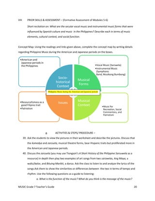 VIII       PRIOR SKILLS & ASSESSMENT – (Formative Assessment of Modules 5-6)

           Short recitation on: What are the secular vocal music and instrumental music forms that were
           influenced by Spanish culture and music in the Philippines? Describe each in terms of music
           elements, cultural context, and social function.


Concept Map: Using the readings and links given above, complete the concept map by writing details
regarding Philippine Music during the American and Japanese periods on the boxes.

  •American and
   Japanese periods in
   the Philippines                                                                   •Vocal Music (Sarswela)
                                                                                     •Instrumental Music
                                                                                      (Symphonic
                                                                                      Band, Musikong Bumbong)
                                          Socio-
                                                                 Musical
                                        historical
                                                                 Forms
                                         Context
                                Philippine Music during the American and Japanese periods



                                                                  Musical
  •Resourcefulness as a                    Issues
   good Filipino trait                                            Context                   •Music for
  •Patriotism                                                                                Recreation, Social
                                                                                             Commentary, and
                                                                                             Patriotism




                           g.           ACTIVITIES & STEPS/ PROCEDURE –
       39. Ask the students to view the pictures in their worksheet and describe the pictures. Discuss that
           the komedya and zarzuela, musical theatre forms, bear Hispanic traits but proliferated more in
           the American and Japanese periods.
       40. Discuss the zarzuela (you may use Tiongson’s A Short History of the Philippine Sarsuwela as a
           resource) in depth then play two examples of art songs from two zarzwelas, Ang Maya, a
           waltz/balse, and Bituing Marikit, a danza. Ask the class to listen to and analyze the lyrics of the
           songs.Ask them to show the similarities or differences between the two in terms of tempo and
           rhythm. Use the following questions as a guide to listening:
                   a. What is the function of the music? What do you think is the message of the music?

MUSIC Grade 7 Teacher’s Guide                                                                                     20
 