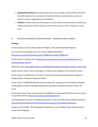 Approaching Proficiency: Focused and clear tone in normal range, accurate rhythm and secure
         pitch with isolated errors, accurate and consistent phrasing, accurate dynamics, with some
         nuances in style as suggested by the score/teacher.
         Proficient: Focused, clear tone all throughout, accurate rhythm and secure pitch, consistent and
         sensitive phrasing and obvious dynamics, with creative nuances to style in response to music
         score.




IX       RESOURCES: READING & LISTENING MATERIALS – REFERENCES/LINKS IN WEBSITE

Readings:

Canave-Dioquino, Corazon. Music Cultures and Regions. The Lowland Christian Philippines.

First-ever festival of komedya held in UP. (January 2008) UP Newsletter.
http://www.up.edu.ph/upnewsletter.php?i=590&archive=yes&yr=2008&mn=1.

Santos, Ramon P. Art Music Form. http://www.ncca.gov.ph/about-culture-and-arts/articles-on-c-n-
a/article.php?igm=1&i=147

Influido de Espana. http://www.seasite.niu.edu/Tagalog/Cynthia/dances/spanish_influence_dances.htm

Santos, Ramon P. Music Cultures and Regions. Art Music of the Philippines in the Twentieth Century.

Santos, Ramon P. (1994) Musika. An Essay on the American Colonial and Contemporary Traditions in
Philippine Music. CCP Special Publications Office.

Santos, Ramon P. (2009-2010) Musika ng Zarzuela-Sarsuwela: Isang Pag-aaral sa Etimolodyi, Katangian
at Kahalagahan sa Isang Uri ng Paghahayag-damdaming Filipino. Philippine Humanities Review, vol.
11/12.

Talusan, Mary. Music, Race, and Imperialism: The Philippine Constabulary Band of the American Colonial
Era (research abstract). http://mtalusan.bol.ucla.edu/research.htm.

The Himig Collection features the Philippine Band Music. Himig: The Filipino Music Collection of the FHL.
http://himig.com.ph/features/23-the-himig-collection-features-the-philippine-band-music

Tiongson, N. (Ed.) (1994). CCP Encyclopedia of Philippine Art, vol. 6: Philippine Music. Manila: Cultural
Center of the Philippines.



MUSIC Grade 7 Teacher’s Guide                                                                               22
 