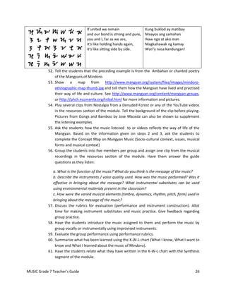 If united we remain                Kung buklod ay matibay
                                  and our bond is strong and pure,   Maayos ang samahan
                                  you and I, far as we are,          Ikaw nga at ako man
                                  it's like holding hands again,     Magkahawak ng kamay
                                  it's like sitting side by side.    Wari'y nasa kandungan!




           52. Tell the students that the preceding example is from the Ambahan or chanted poetry
               of the Mangyans of Mindoro.
           53. Show a map from http://www.mangyan.org/system/files/images/mindoro-
               ethnographic-map-thumb.jpg and tell them how the Mangyan have lived and practised
               their way of life and culture. See http://www.mangyan.org/content/mangyan-groups,
               or http://phch.eccmanila.org/tribal.html for more information and pictures.
           54. Play several clips from Nostalgia from a Denuded Forest or any of the YouTube videos
               in the resources section of the module. Tell the background of the clip before playing.
               Pictures from Gongs and Bamboo by Jose Maceda can also be shown to supplement
               the listening examples.
           55. Ask the students how the music listened to or videos reflects the way of life of the
               Mangyan. Based on the information given on steps 2 and 3, ask the students to
               complete the Concept Map on Mangyan Music (Socio-cultural context, issues, musical
               forms and musical context)
           56. Group the students into five members per group and assign one clip from the musical
               recordings in the resources section of the module. Have them answer the guide
               questions as they listen:

              a. What is the function of the music? What do you think is the message of the music?
              b. Describe the instruments / voice quality used. How was the music performed? Was it
              effective in bringing about the message? What instrumental substitutes can be used
              using environmental materials present in the classroom?
              c. How were the varied musical elements (timbre, dynamics, rhythm, pitch, form) used in
              bringing about the message of the music?
           57. Discuss the rubrics for evaluation (performance and instrument construction). Allot
               time for making instrument substitutes and music practice. Give feedback regarding
               group practice.
           58. Have the students introduce the music assigned to them and perform the music by
               group vocally or instrumentally using improvised instruments.
           59. Evaluate the group performance using performance rubrics.
           60. Summarize what has been learned using the K-W-L chart (What I know, What I want to
               know and What I learned about the music of Mindoro).
           61. Have the students relate what they have written in the K-W-L chart with the Synthesis
               segment of the module.


MUSIC Grade 7 Teacher’s Guide                                                                      26
 